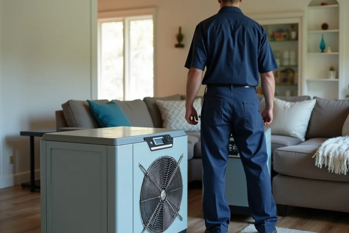 Industrial low grain refrigerant dehumidifiers operating inside Lockhart living room