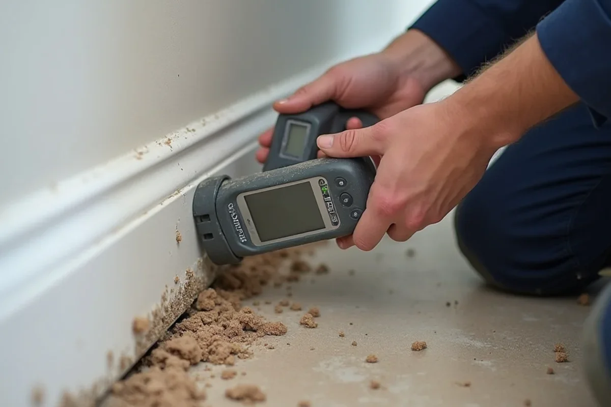 Calibrated moisture meter measuring moisture levels in Maitland drywall baseboard