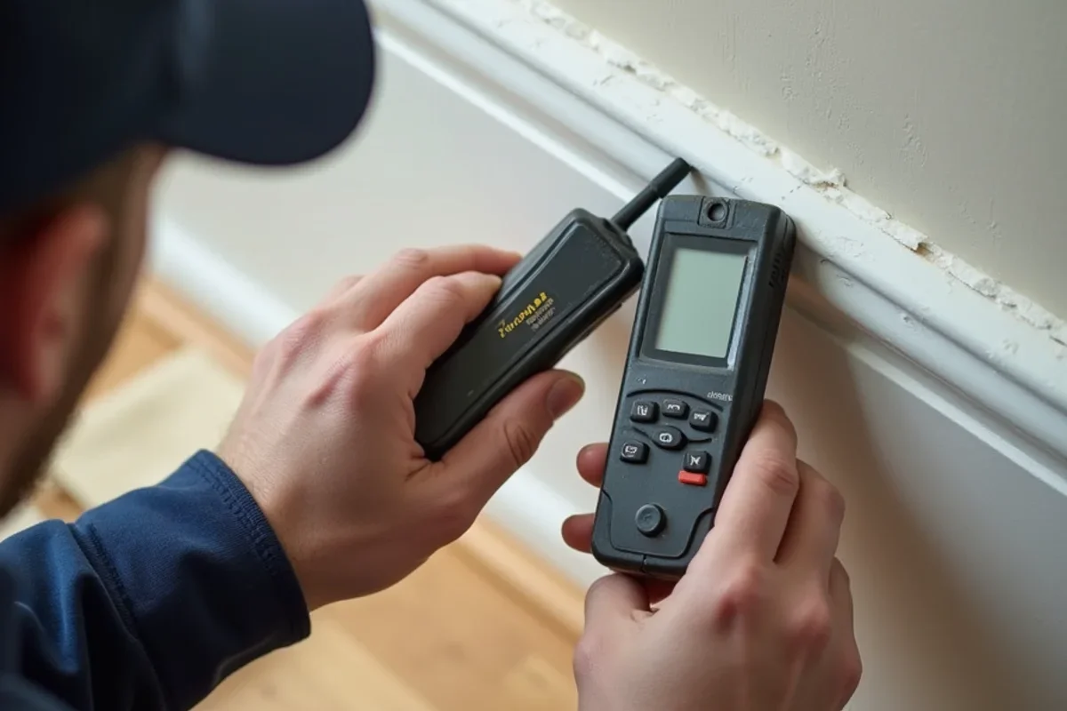 Calibrated moisture meter measuring moisture levels in Meadow Woods drywall baseboard
