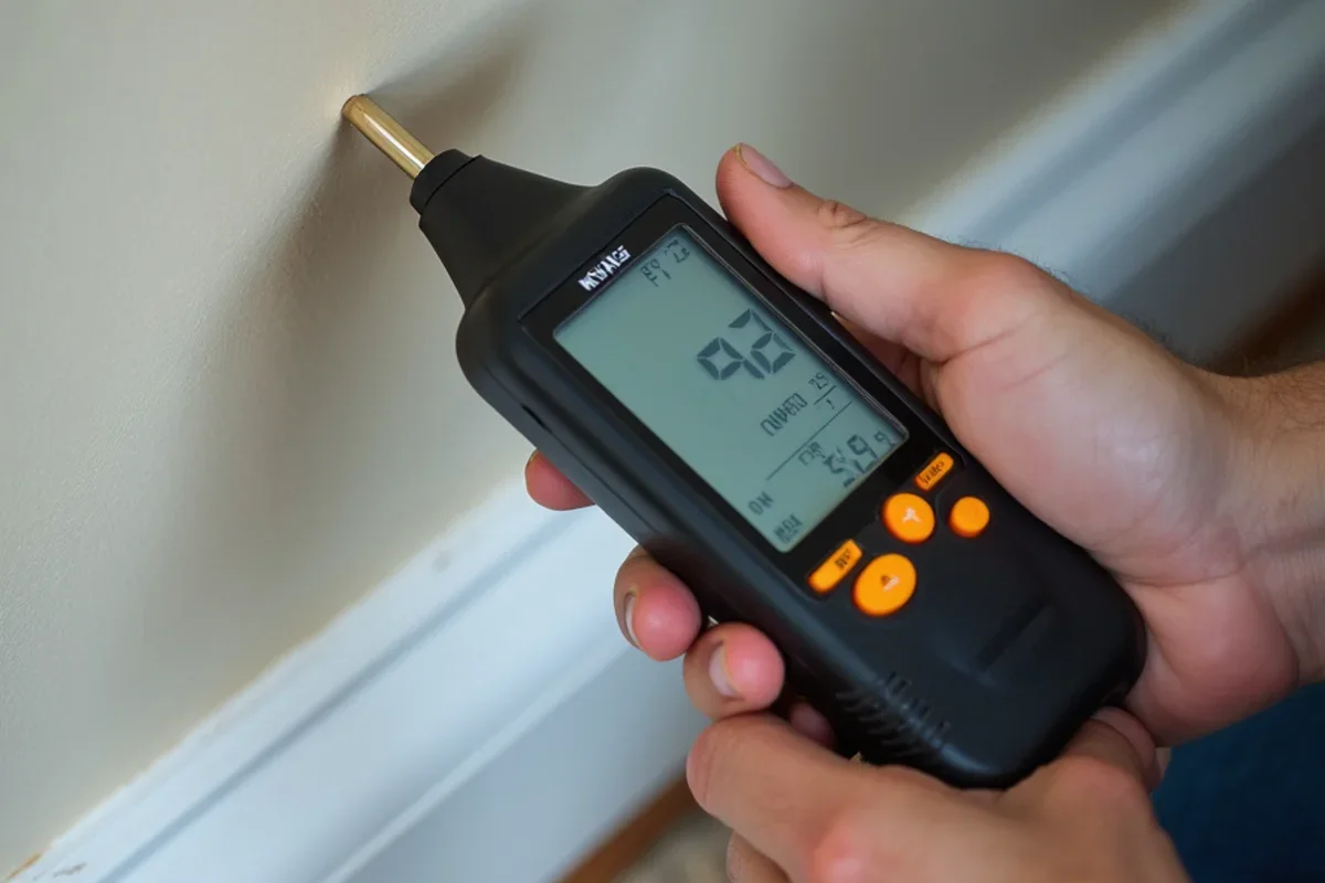 Calibrated moisture meter measuring moisture levels in Oak Ridge drywall baseboard