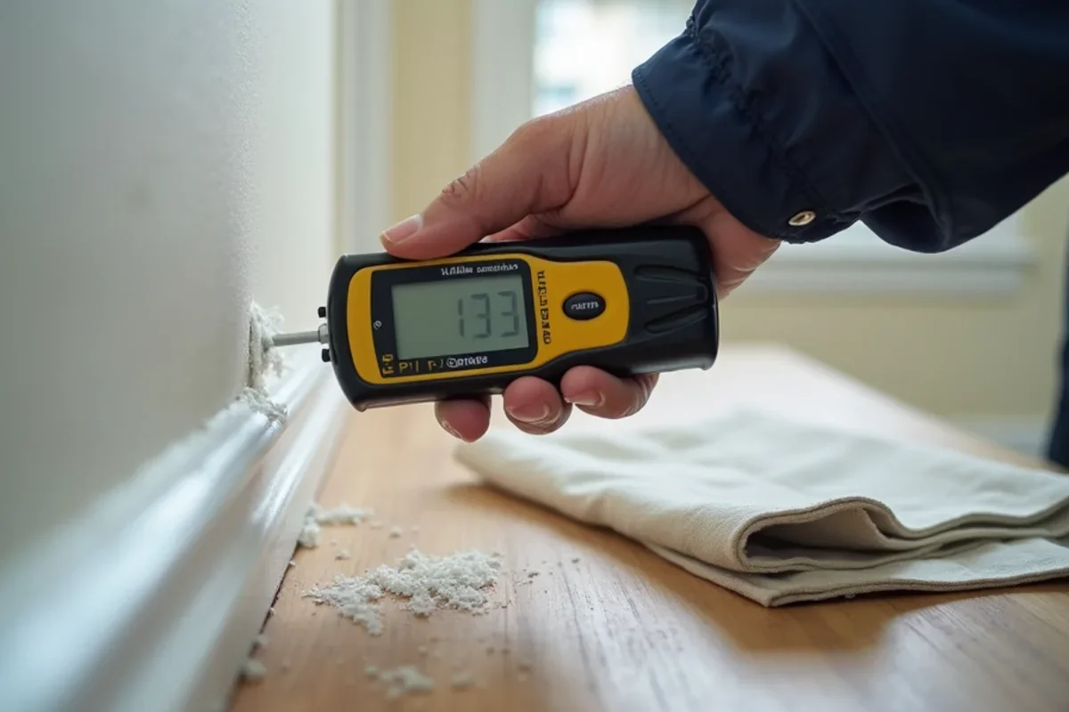 Calibrated moisture meter measuring moisture levels in Orange County drywall baseboard