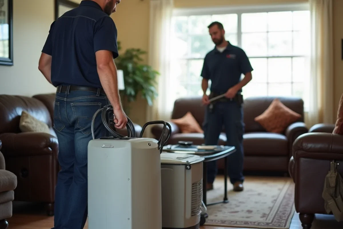 Industrial low grain refrigerant dehumidifiers operating inside Orange County living room