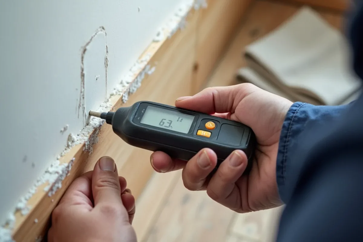 Calibrated moisture meter measuring moisture levels in Osceola County drywall baseboard