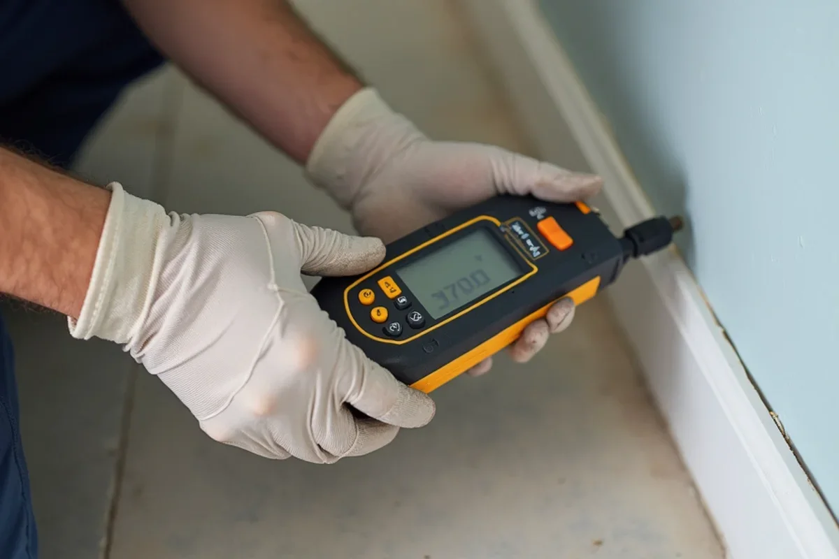 Calibrated moisture meter measuring moisture levels in Oviedo drywall baseboard