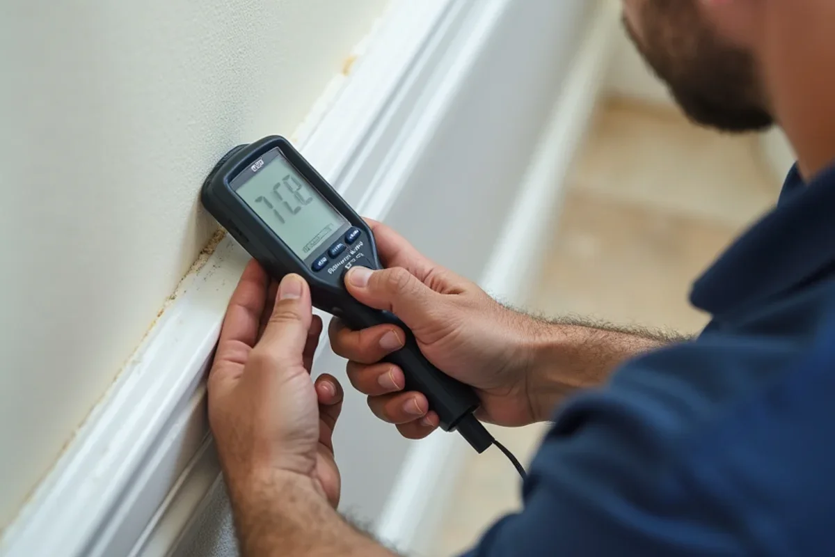 Calibrated moisture meter measuring moisture levels in Pine Castle drywall baseboard