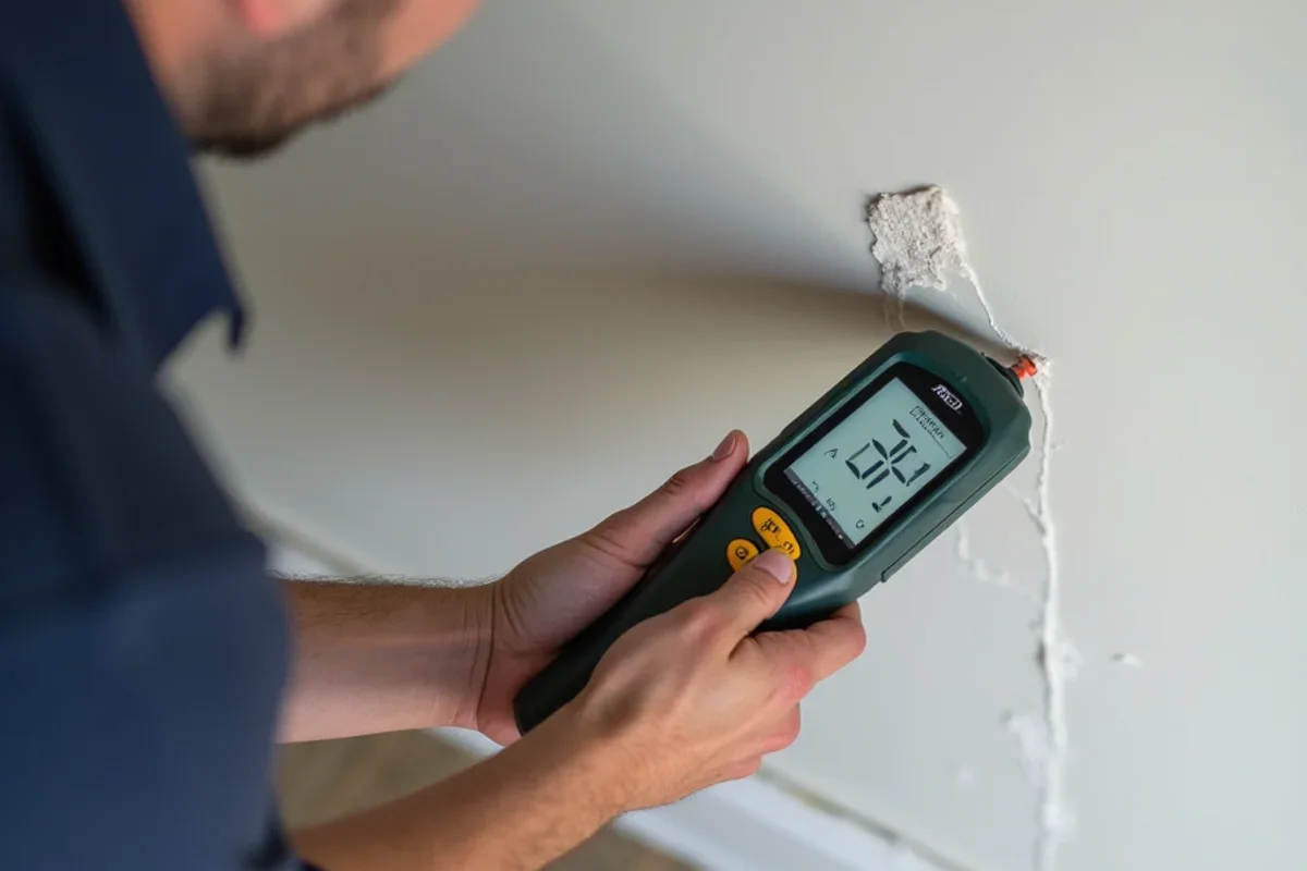 Calibrated moisture meter measuring moisture levels in Pine Hills drywall baseboard
