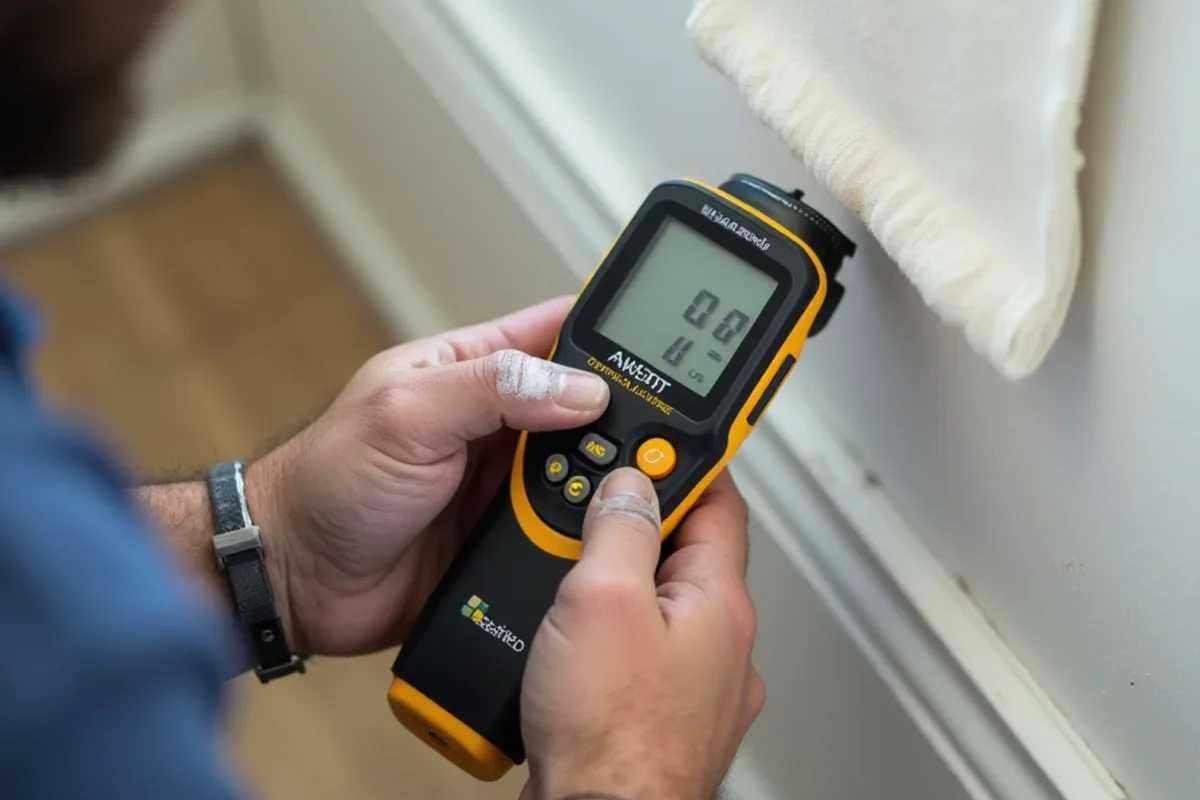 Calibrated moisture meter measuring moisture levels in Poinciana drywall baseboard