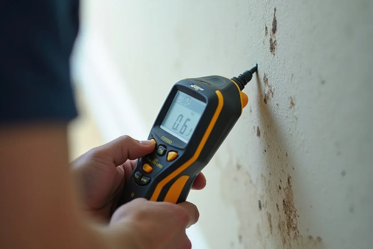 Calibrated moisture meter measuring moisture levels in Sanford drywall baseboard