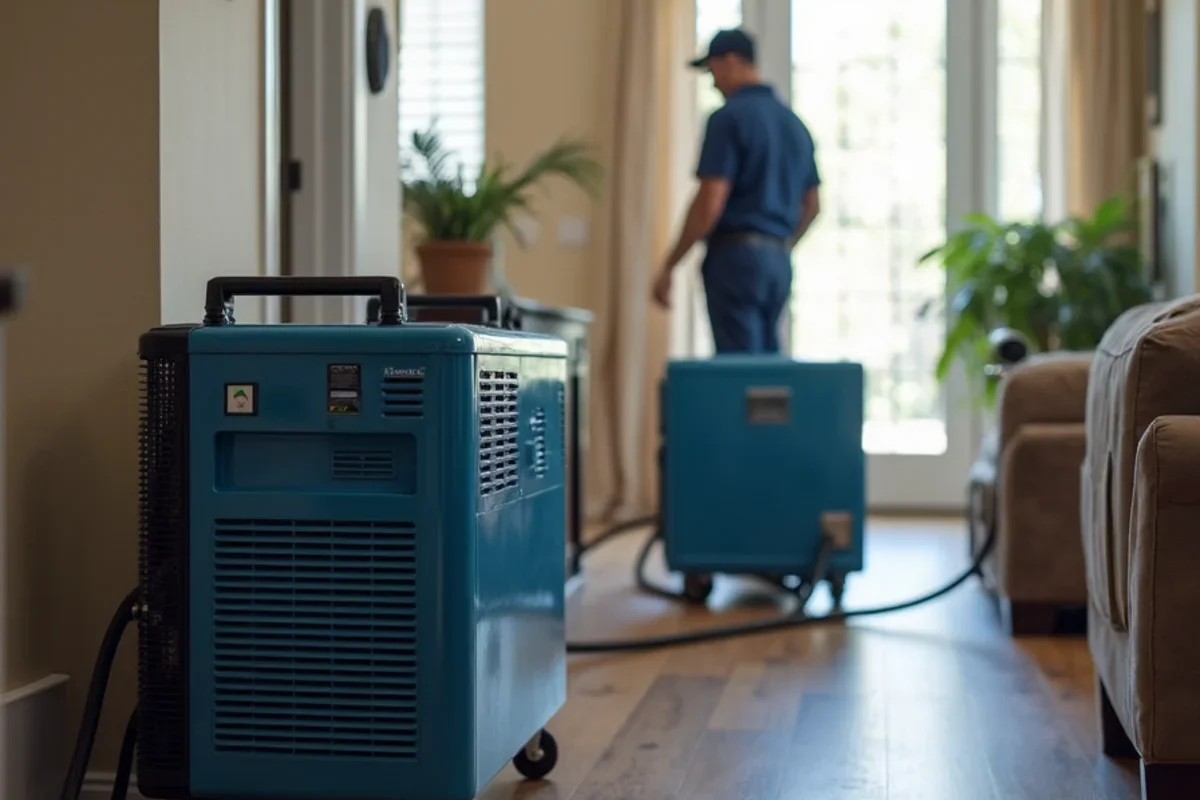 Industrial low grain refrigerant dehumidifiers operating inside Sanford living room