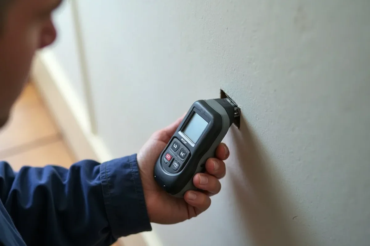 Calibrated moisture meter measuring moisture levels in Seminole County drywall baseboard