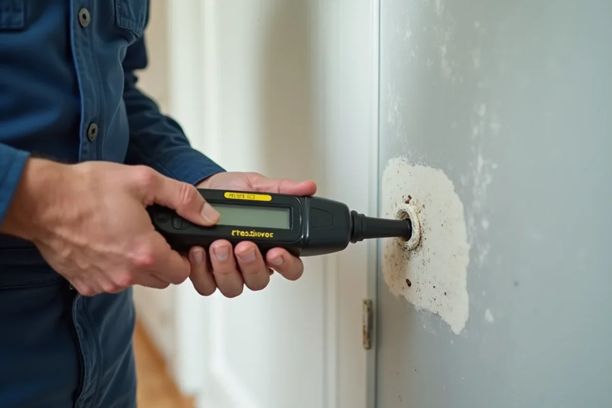 Calibrated moisture meter measuring moisture levels in St. Cloud drywall baseboard