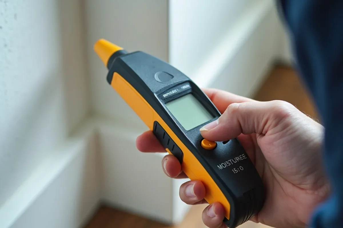 Calibrated moisture meter measuring moisture levels in Wekiwa Springs drywall baseboard