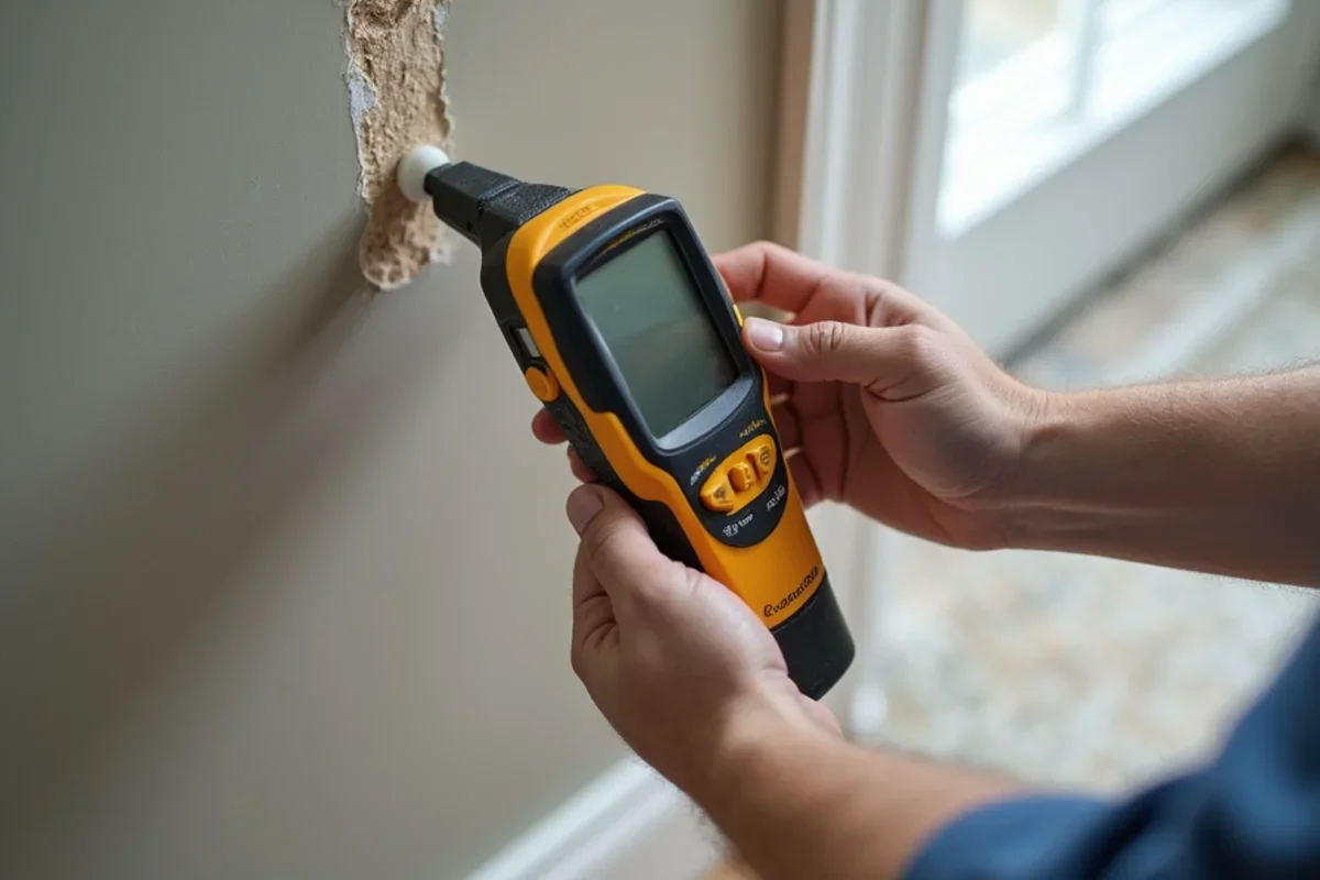 Calibrated moisture meter measuring moisture levels in Williamsburg drywall baseboard