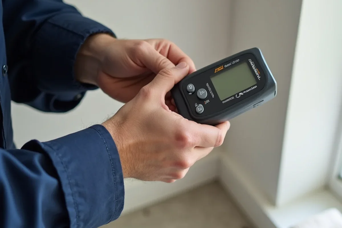 Calibrated moisture meter measuring moisture levels in Winter Garden drywall baseboard