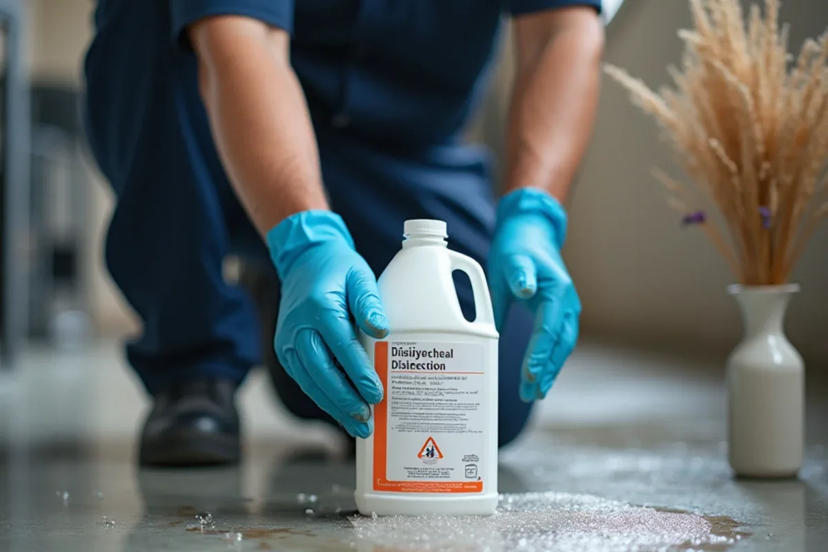 Applying hospital grade disinfectant on concrete floor after sewage spill