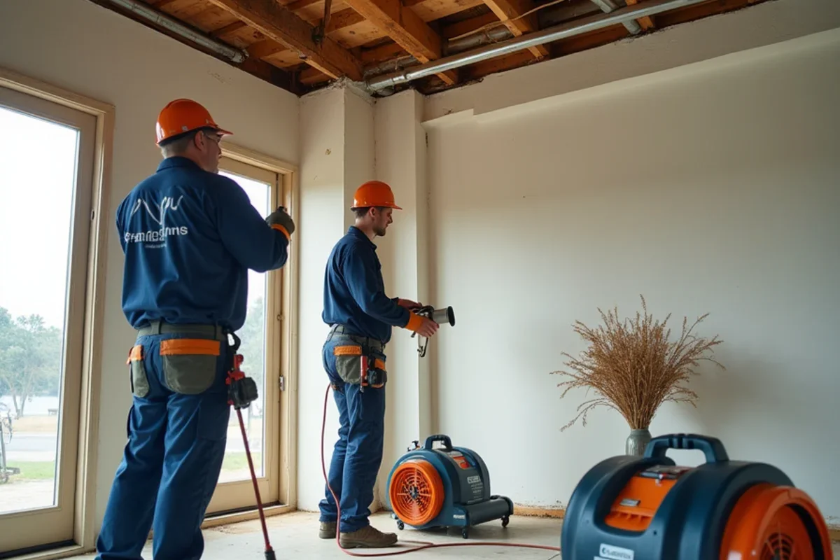 Air movers and dehumidifiers drying water damaged living room ceiling joists
