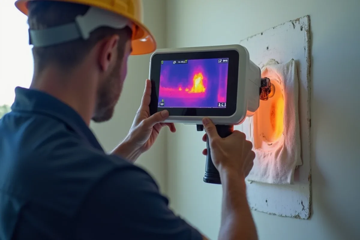 Infrared thermal imaging camera identifying hidden moisture behind interior drywall in Orlando