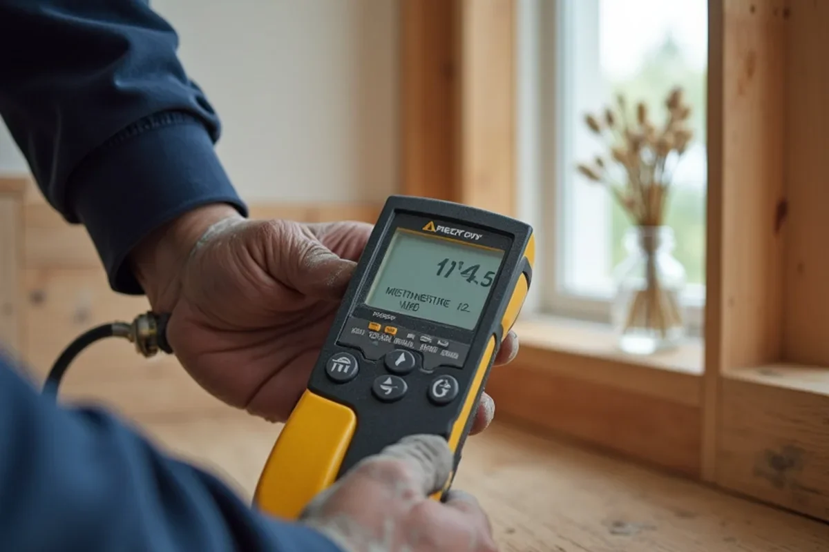 Digital moisture meter measuring equilibrium moisture content in baseboard and wall studs