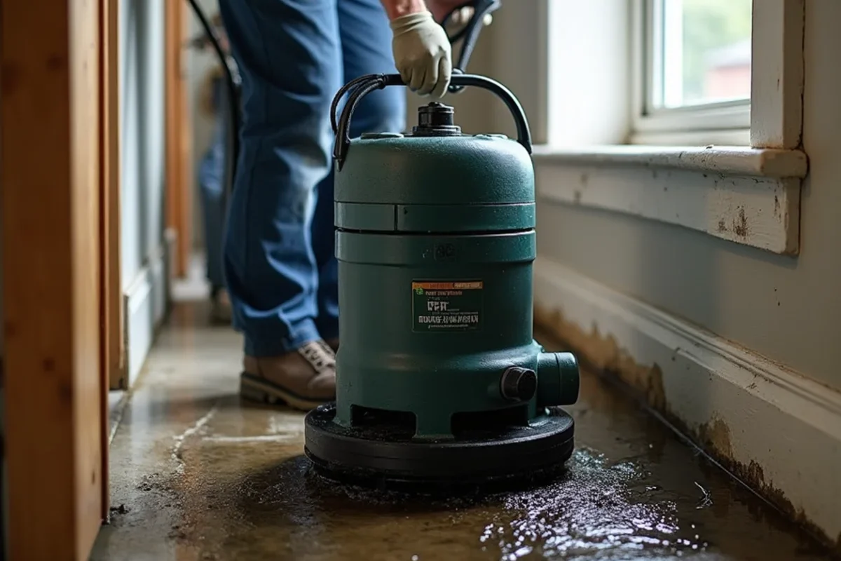 Submersible trash pump draining standing flood water from residential room